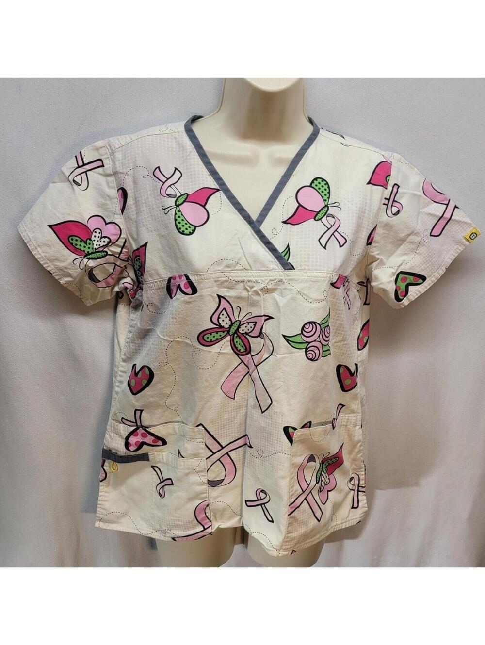 Wink Scrub Top White Breast Cancer Awareness Size Small Womens V-neck Pockets